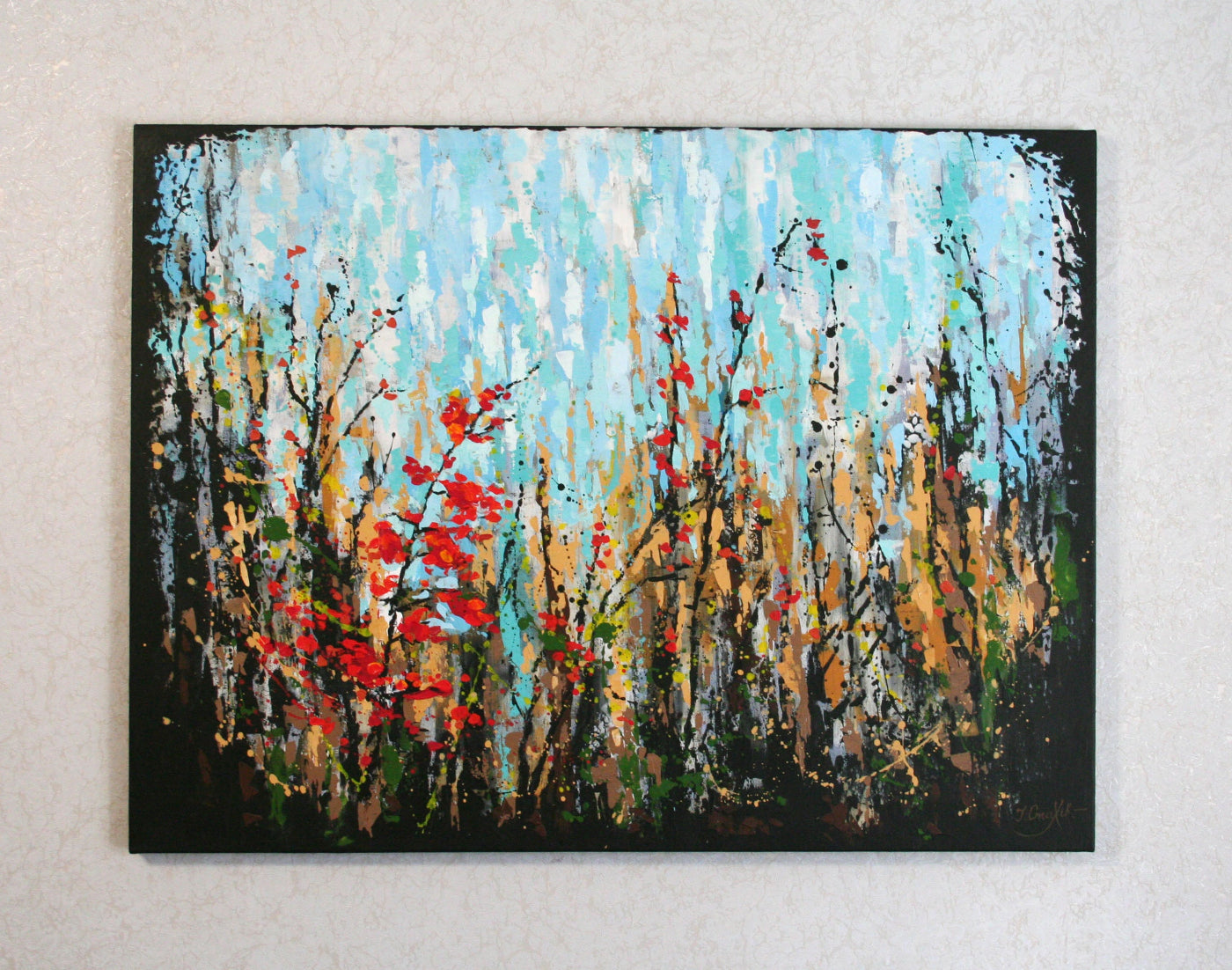 Vermont painting of abstract autumn landscape, trees with red leaves and blue sky, original large wall art