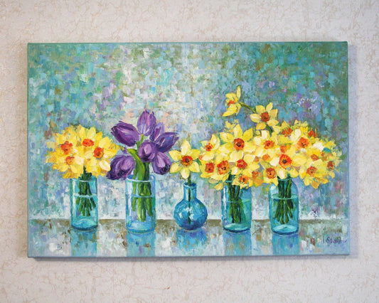 Yellow daffodils and purple tulips oil painting impasto textured art by Iryna Stakhiv.