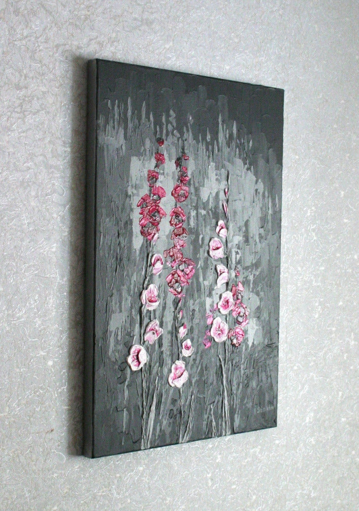 dark academia decor — crimson, burgundy and soft pink gladiolus blooms on black