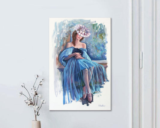 Original oil painting on canvas girl in blue dress with a floral hat holding a book by I. Stakhiv.