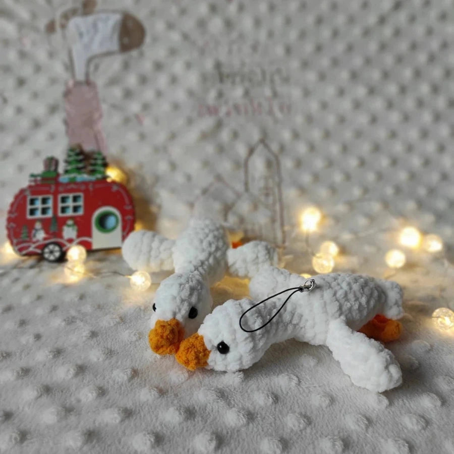 Crochet goose stuffed animal — two versions: standalone toy and bag charm with keychain loop, handmade plush 14cm
