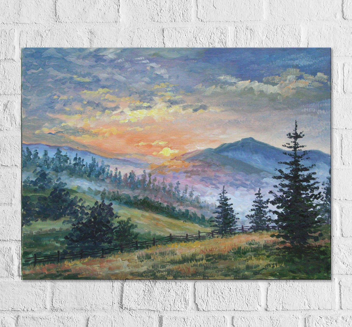 Mountain Glow oil painting, foggy mountain sunrise art original landscape on canvas by Iryna Stakhiv