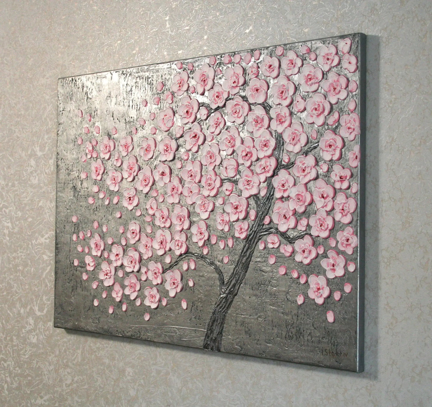 Pink cherry blossom tree painting side view – 3D textured sakura art on stretched canvas, palette knife floral