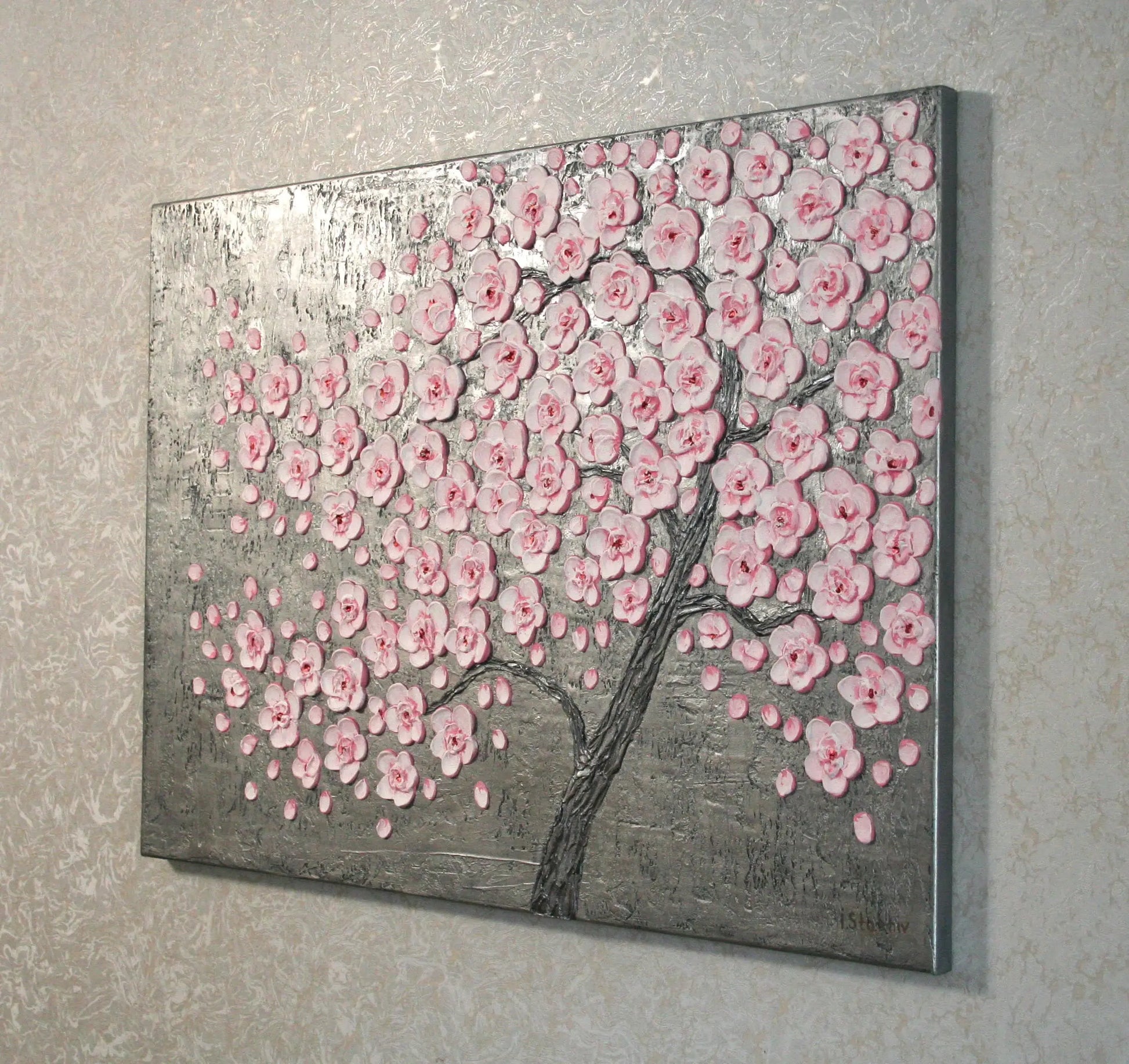 Pink cherry blossom tree painting side view – 3D textured sakura art on stretched canvas, palette knife floral