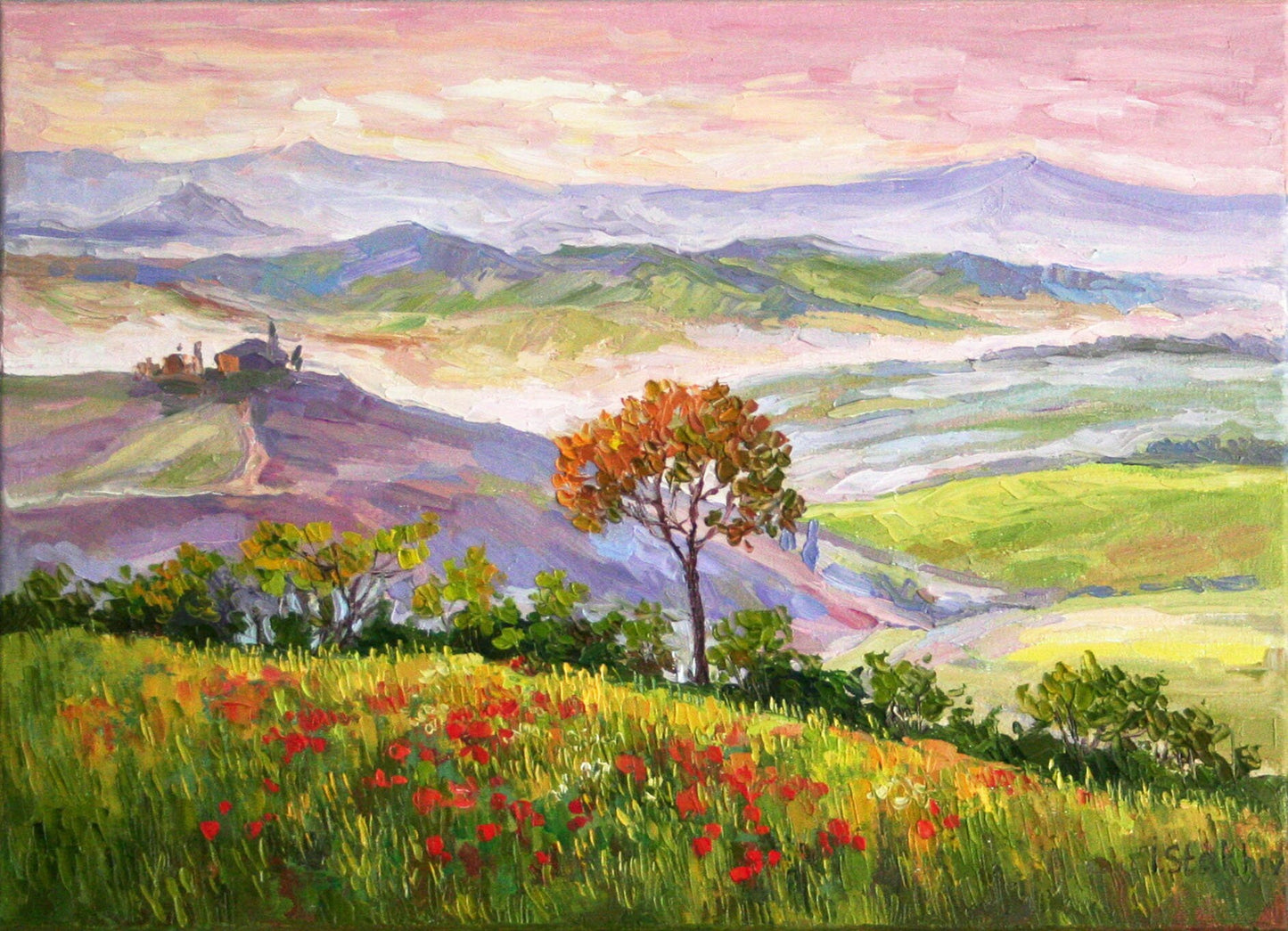 Summer in Tuscany - Original Oil Painting 12x16, Palette Knife Poppy Field Landscape Art