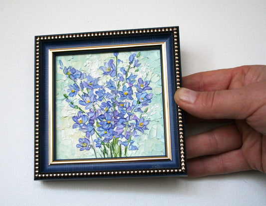 Blue Flower Bouquet Mini Oil Painting 4x4 - Original Framed Impasto Palette Knife Art