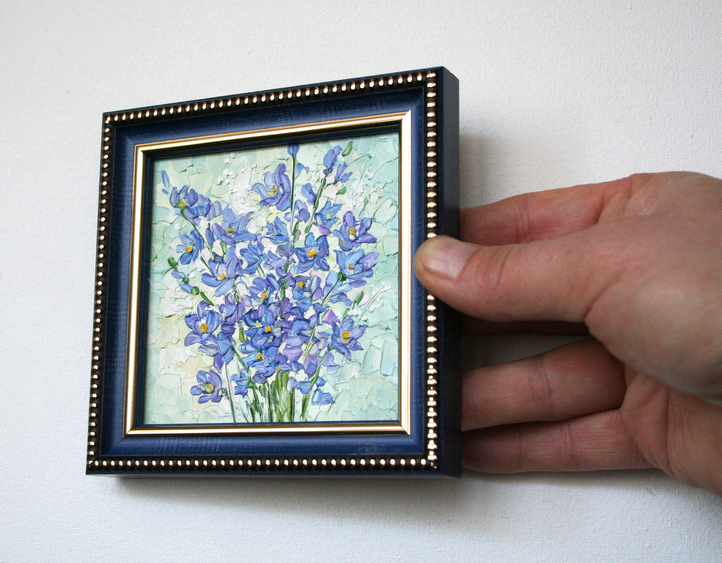 Blue Flower Bouquet Mini Oil Painting 4x4 - Original Framed Impasto Palette Knife Art