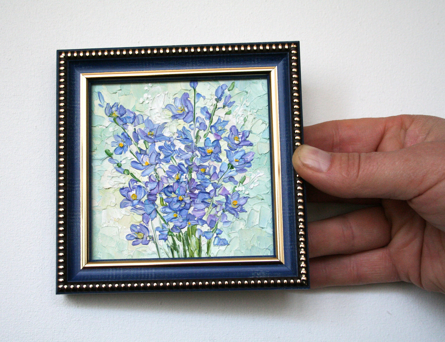 Blue Flower Bouquet Mini Oil Painting 4x4 - Original Framed Impasto Palette Knife Art