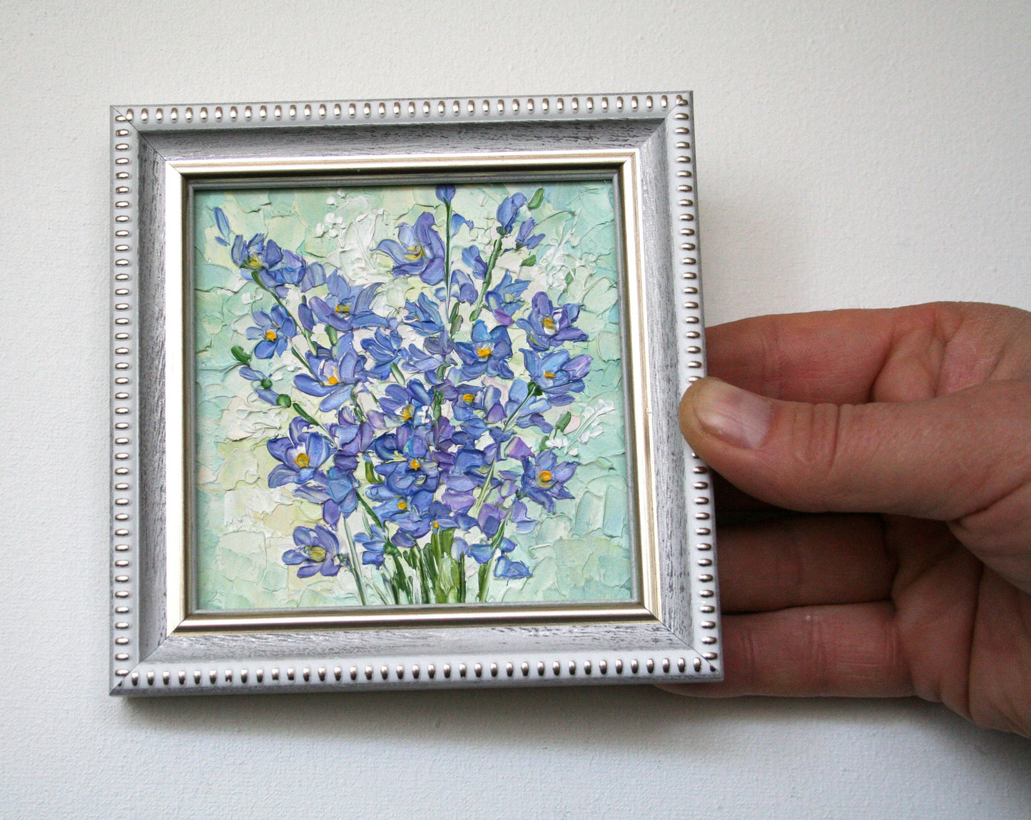 Blue Flower Bouquet Mini Oil Painting 4x4 - Original Framed Impasto Palette Knife Art