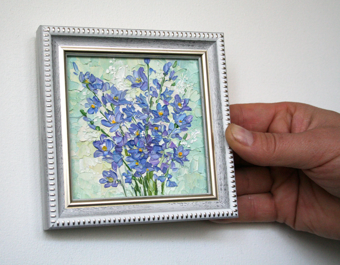 Blue Flower Bouquet Mini Oil Painting 4x4 - Original Framed Impasto Palette Knife Art