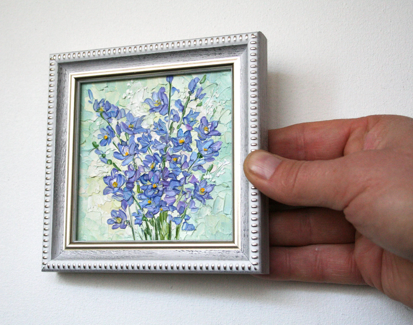 Blue Flower Bouquet Mini Oil Painting 4x4 - Original Framed Impasto Palette Knife Art