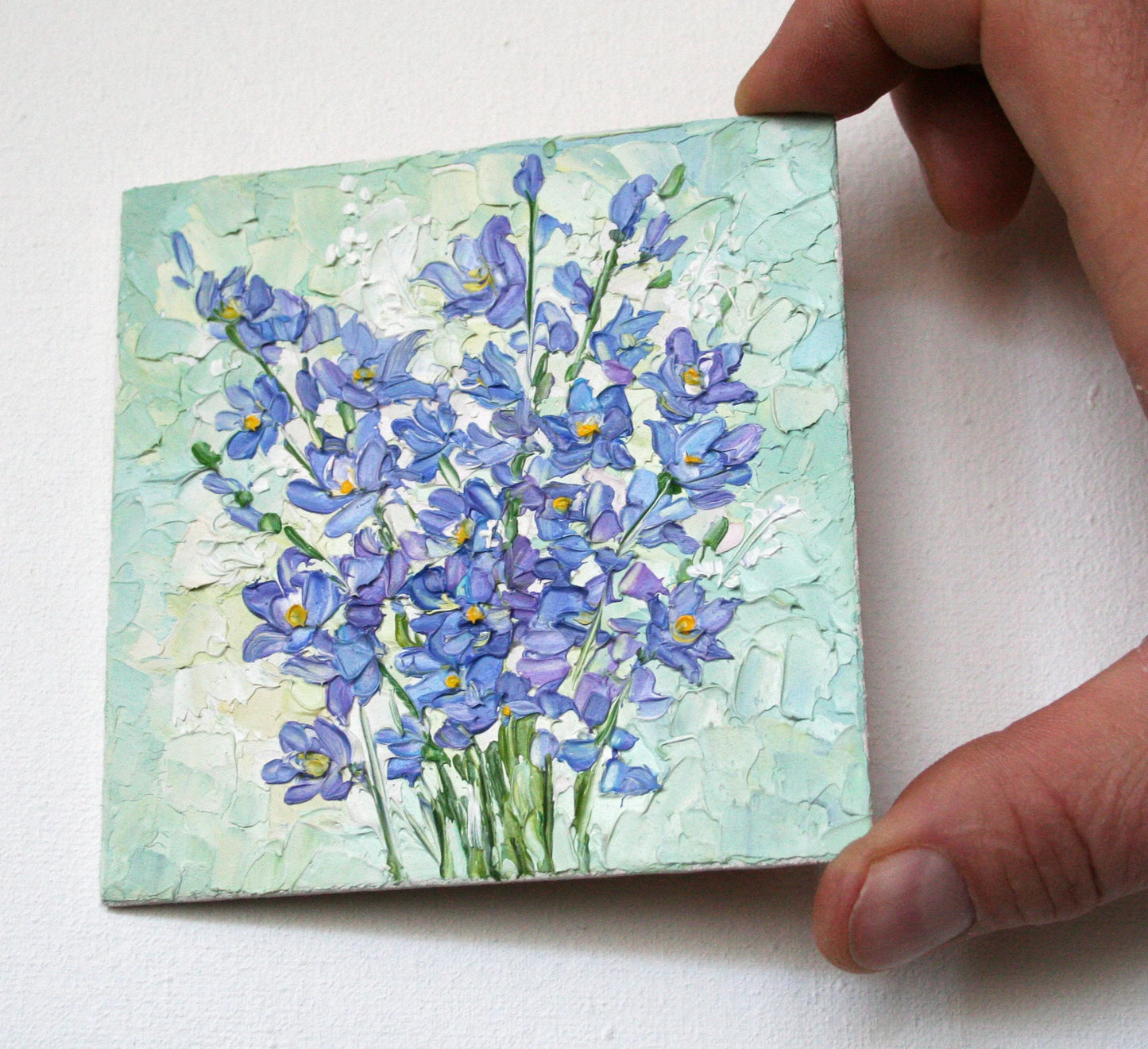 Blue Flower Bouquet Mini Oil Painting 4x4 - Original Framed Impasto Palette Knife Art