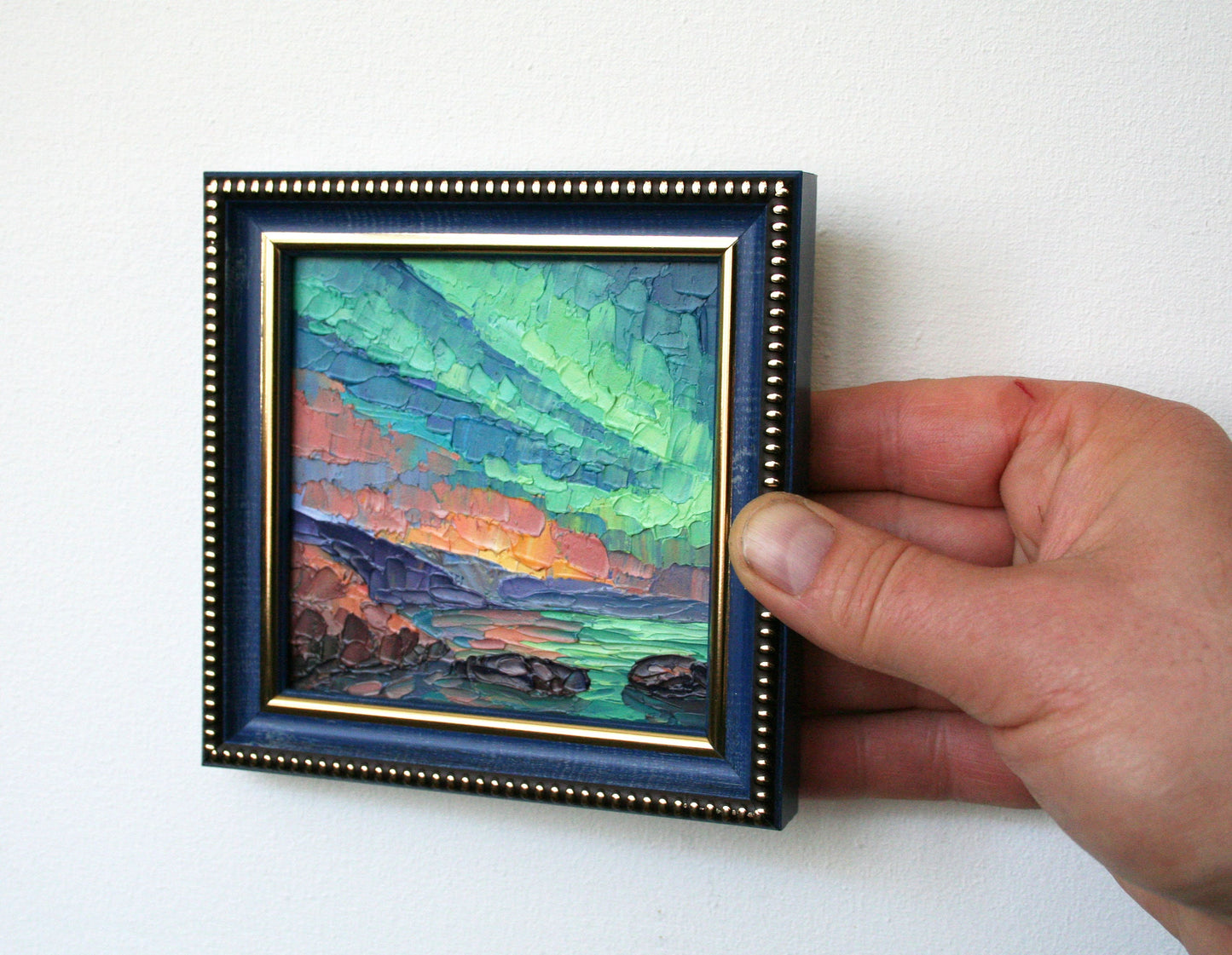 Northern Lights over Sea - Original Framed Mini Oil Painting 4x4, Aurora Borealis Norway Art