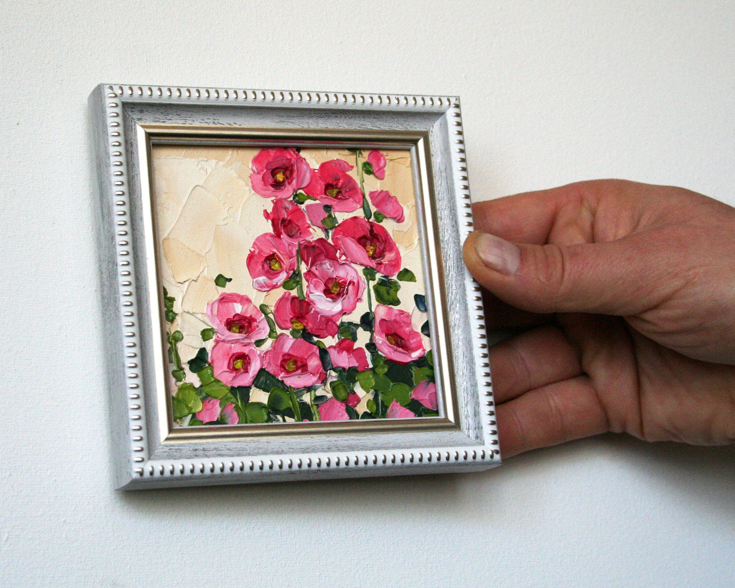 ollyhock mini painting in white frame, original floral wall art by Iryna Stakhiv