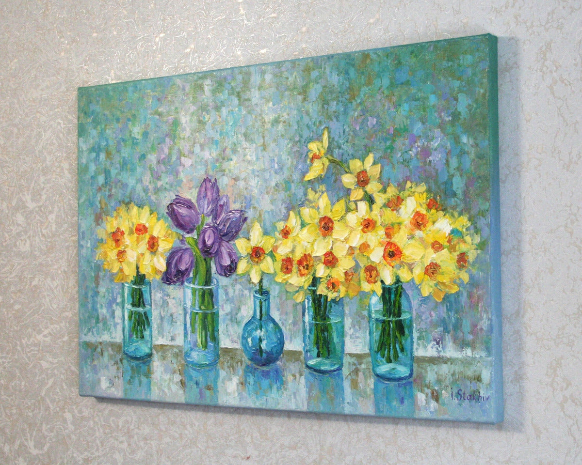 Yellow daffodils and purple tulips - Stretched canvas oil painting with painted sides ready to hang without frame