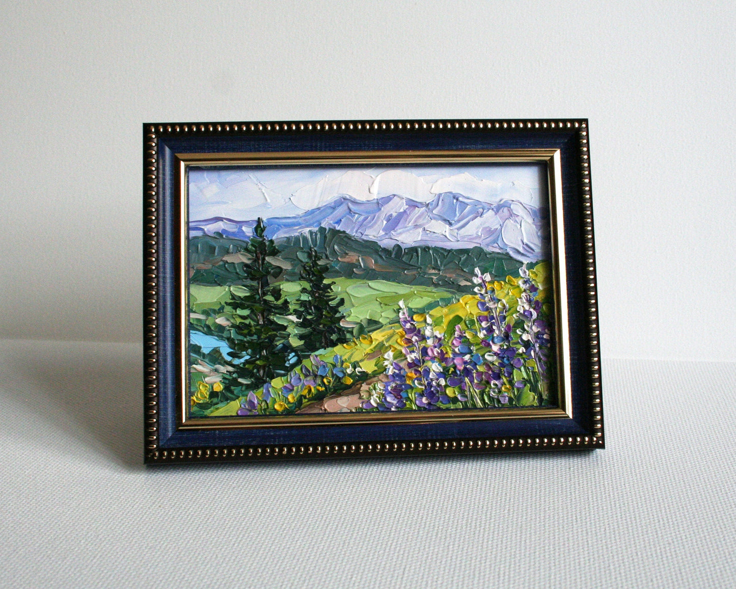 palette knife painting 4x6 framed mountain landscape, impasto art by Iryna Stakhiv