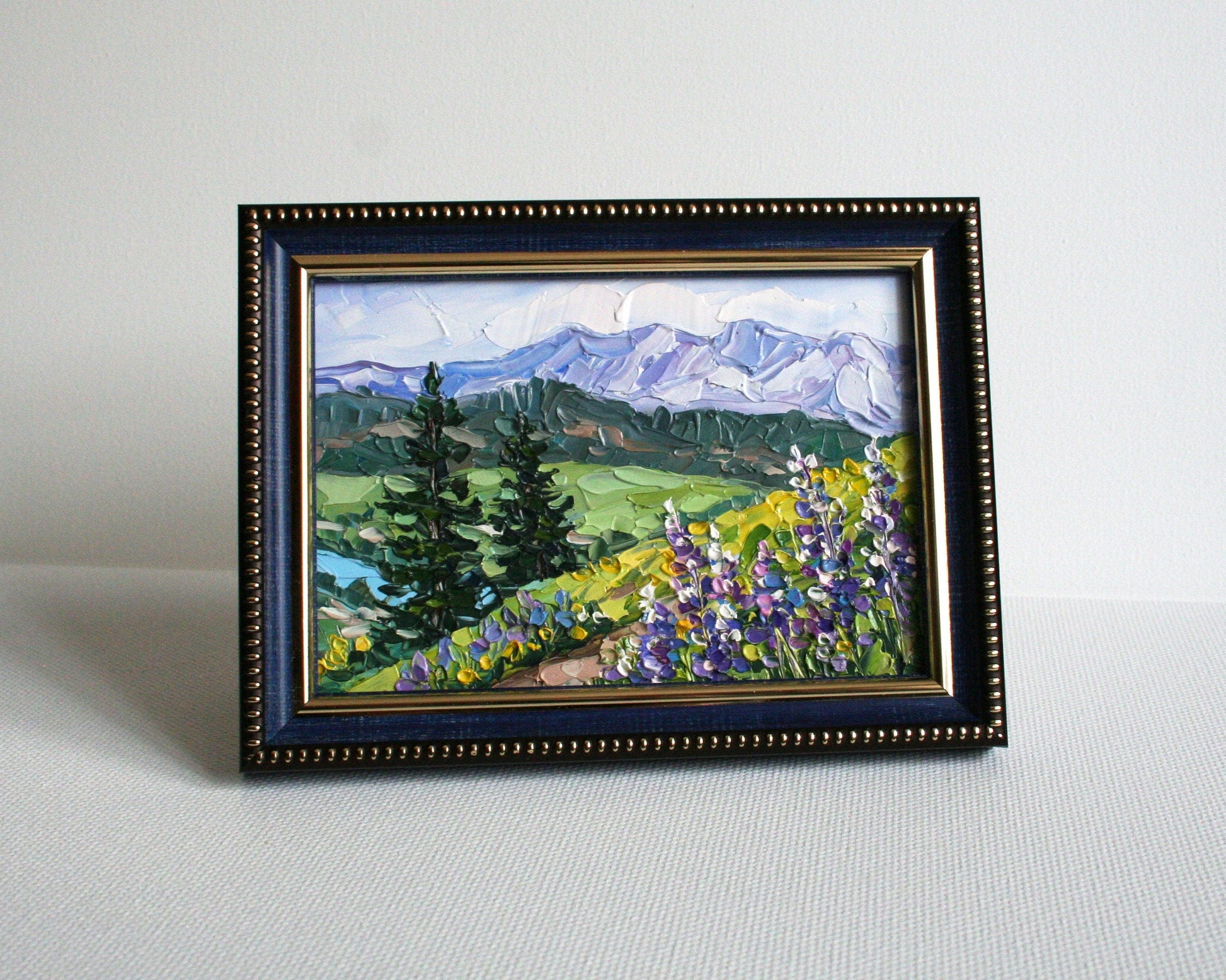 palette knife painting 4x6 framed mountain landscape, impasto art by Iryna Stakhiv