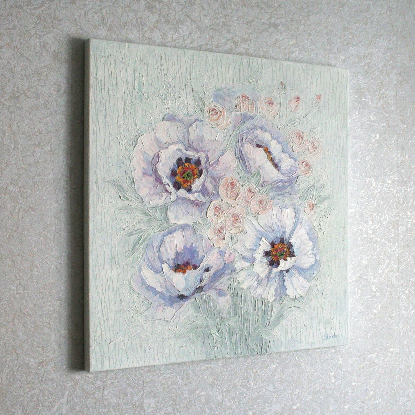 Peony Oil Painting Original – Textured Palette Knife Art, Ready to Hang, 20x20 inches