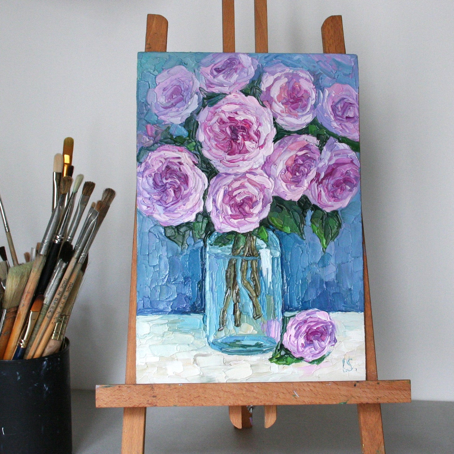 Impasto Rose Original Oil Painting, Textured Floral Wall Art 8x12 in, Palette Knife Roses in a Jar by Iryna Stakhiv