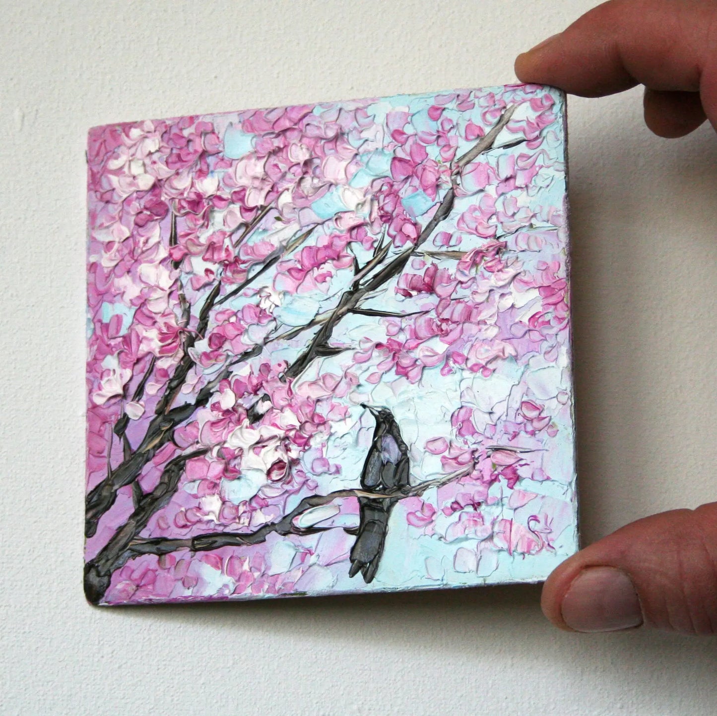 tiy oil painting of sping tree and bird, original framed  miniature