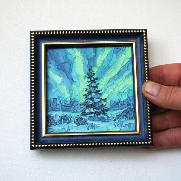 Northern Lights pine tree tiny framed oil painting 10x10 cm, original artwork by Iryna Stakhiv