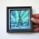 Northern Lights pine tree tiny framed oil painting 10x10 cm, original artwork by Iryna Stakhiv