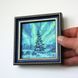 Original framed 4x4 northern lights painting, palette knife impasto pine tree Aurora Borealis artwork
