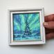 Close-up of impasto texture on Northern Lights mini painting, bold palette knife night sky strokes