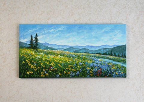 Impasto oil painting of Mount Rainier National Park featuring a textured wildflower meadow in the foreground and majestic blue mountain peaks under a summer sky.