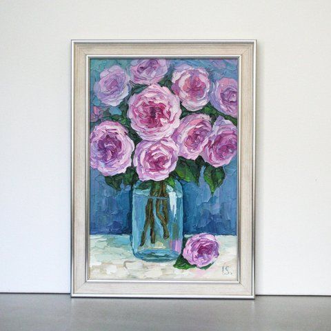 Impasto rose original oil painting, textured pink flowers in a jar, hand-painted floral wall art by Iryna Stakhiv