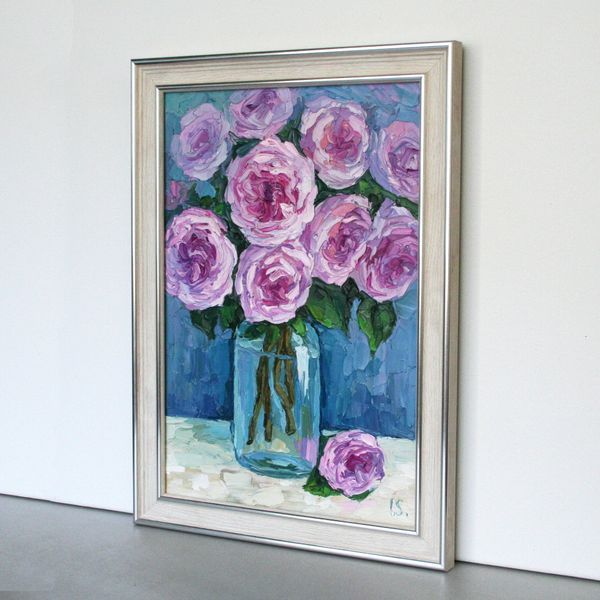 Framed small palette knife oil painting of pink roses