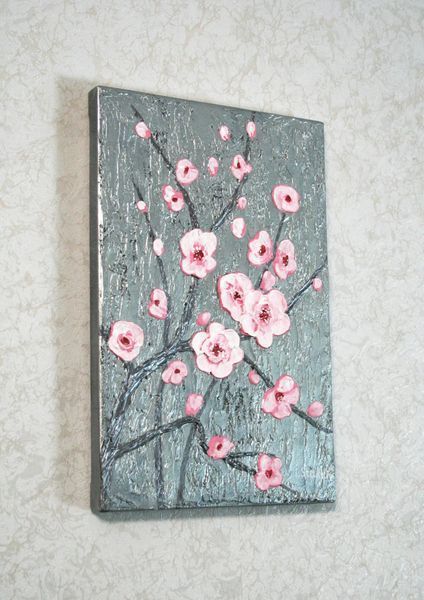 Cherry blossom 3D painting side view showing gallery wrapped canvas depth, pink floral palette knife impasto art
