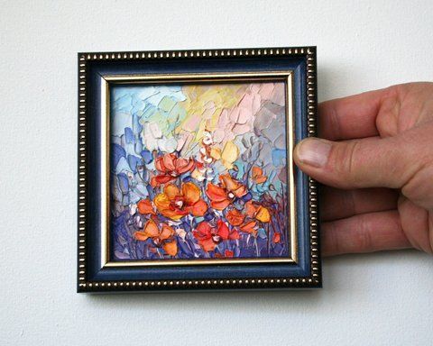 Abstract floral mini oil painting Summer Field, palette knife impasto art by Iryna Stakhiv