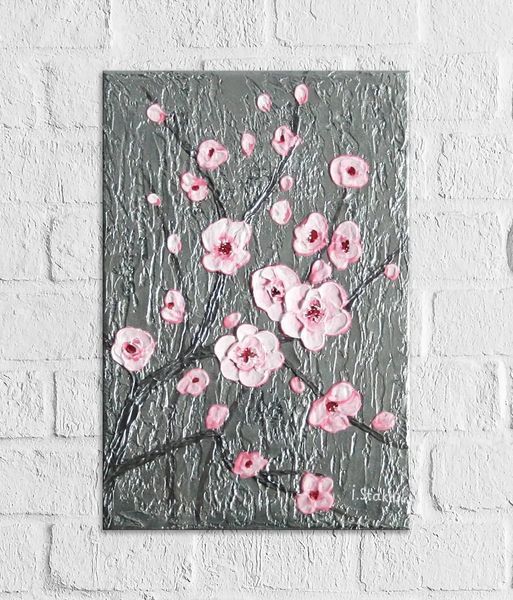 Pink cherry blossom 3D painting, original silver metallic palette knife acrylic art 8x12 inches