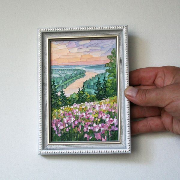 Miniature Painting 4x6 River Valley & Wildflowers Impasto Landscape Oil Art