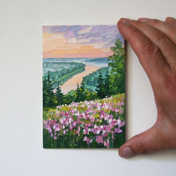 Miniature Painting 4x6 River Valley & Wildflowers Impasto Landscape Oil Art