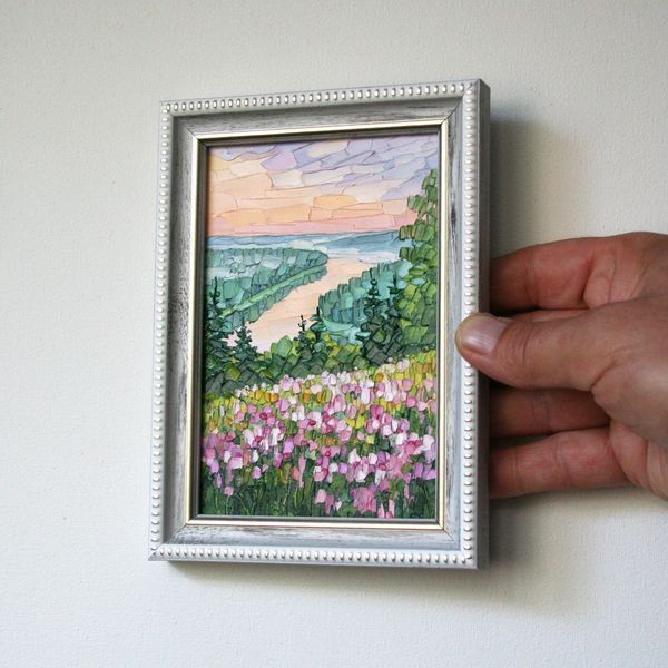 Miniature Painting 4x6 River Valley & Wildflowers Impasto Landscape Oil Art