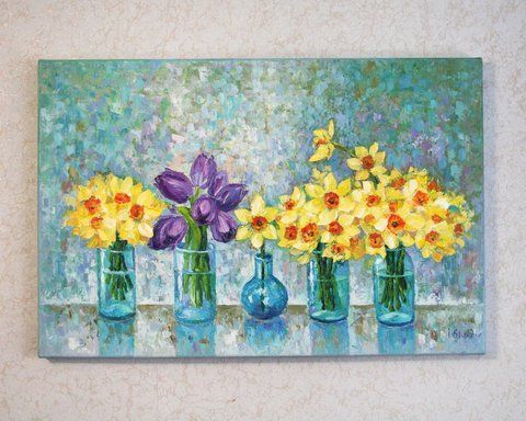 Yellow daffodils and purple tulips oil painting impasto textured art by Iryna Stakhiv.