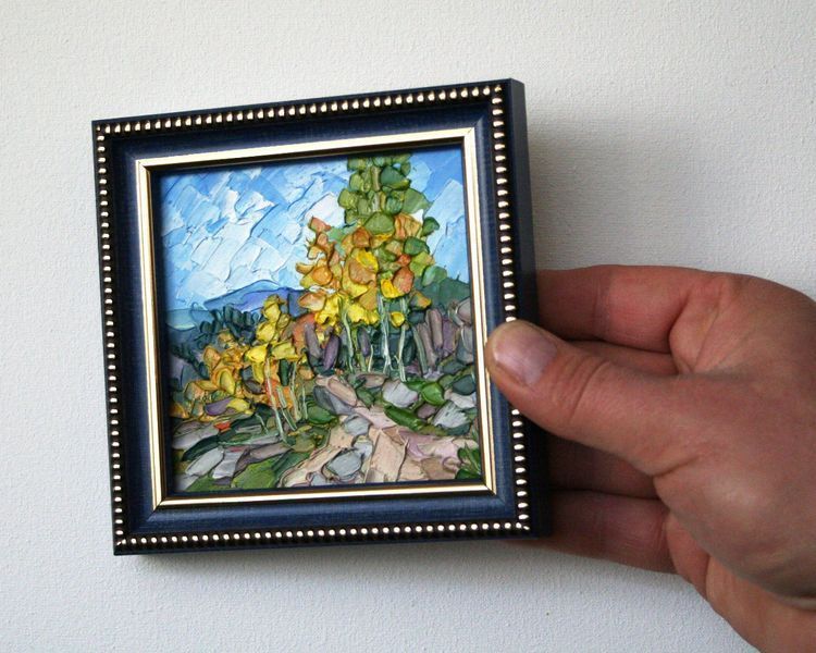 Framed birch tree painting autumn, palette knife impasto texture golden fall foliage 4x4