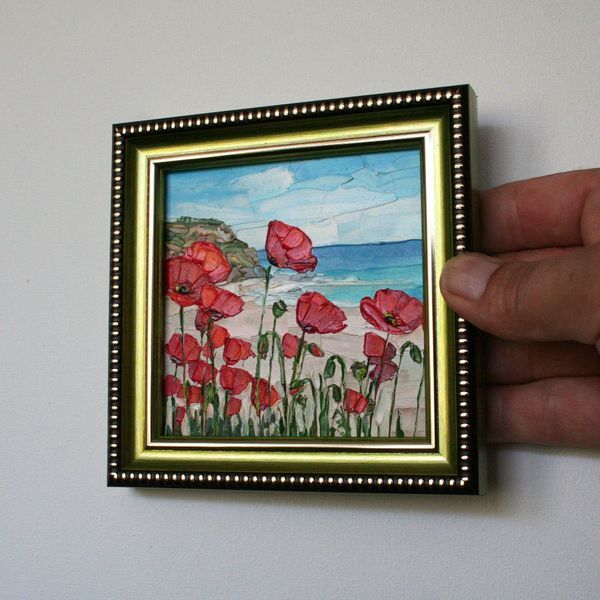 Coastal poppies original oil painting on hard panel, floral art with frame