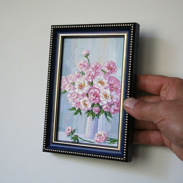 Peonies Oil Painting: Miniature Art 4x6, Framed Original Bouquet Artwork, Sister Birthday Gift