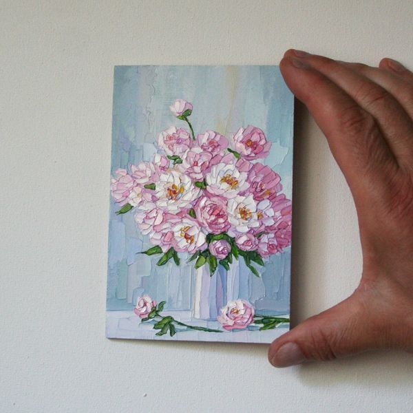 Peonies Oil Painting: Miniature Art 4x6, Framed Original Bouquet Artwork, Sister Birthday Gift
