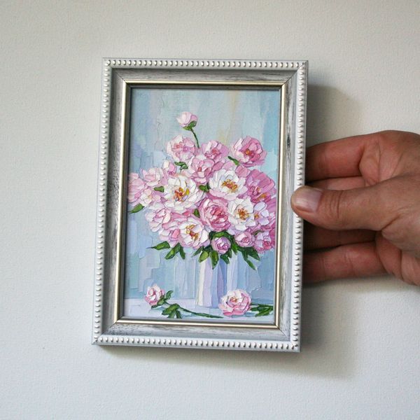 Peonies Oil Painting: Miniature Art 4x6, Framed Original Bouquet Artwork, Sister Birthday Gift