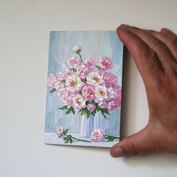 Peonies Oil Painting: Miniature Art 4x6, Framed Original Bouquet Artwork, Sister Birthday Gift