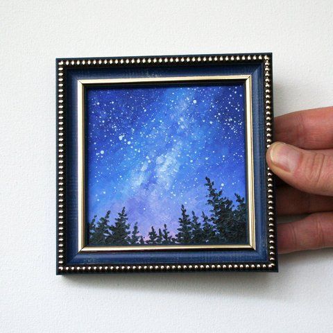Milky Way Mini Oil Painting: Galaxy Art, Night Sky Space Painting 4x4, Framed Original