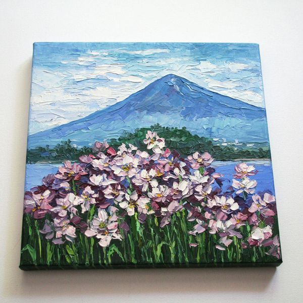 Mount Fuji wall art 25x25 cm, original Japanese landscape oil painting ready to hang