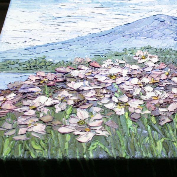 Close-up of impasto texture on Mount Fuji flowers painting, bold palette knife strokes