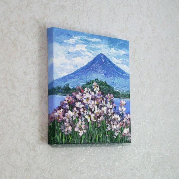 Original Mount Fuji painting 10x10, palette knife impasto flowers on gallery-wrapped canvas