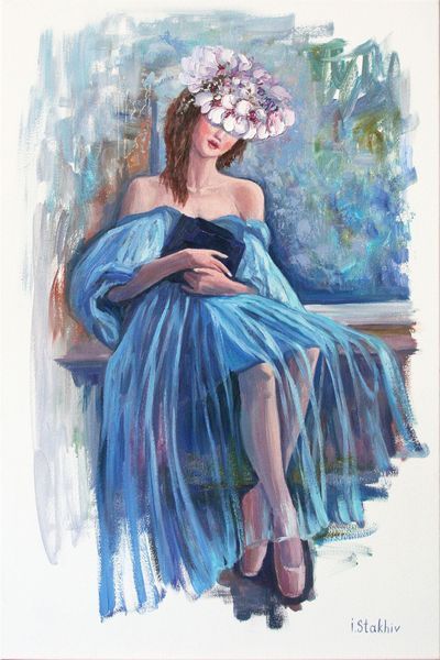 Hand-painted impressionist portrait of a woman, blue and white colors, 16x24 inches wall art.