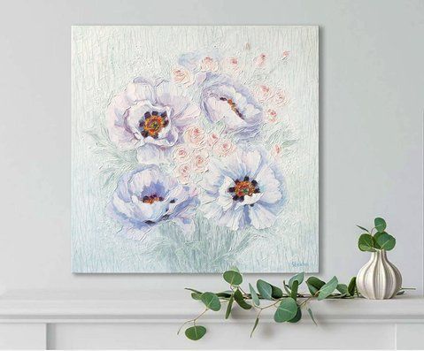 Textured peony oil painting by Iryna Stakhiv, palette knife floral original art on canvas 20x20 inches